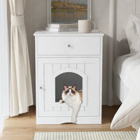 HKM-115219 Wooden Cat Litter Box Enclosure with Drawer, Indoor Pet Crate and Side Table - White
