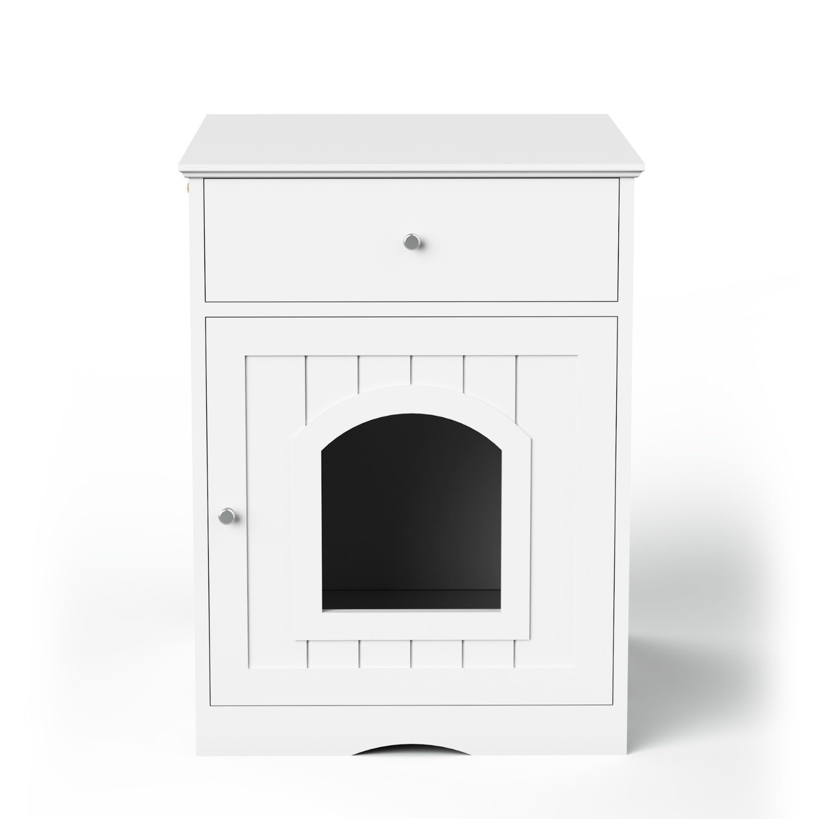 HKM-115219 Wooden Cat Litter Box Enclosure with Drawer, Indoor Pet Crate and Side Table - White