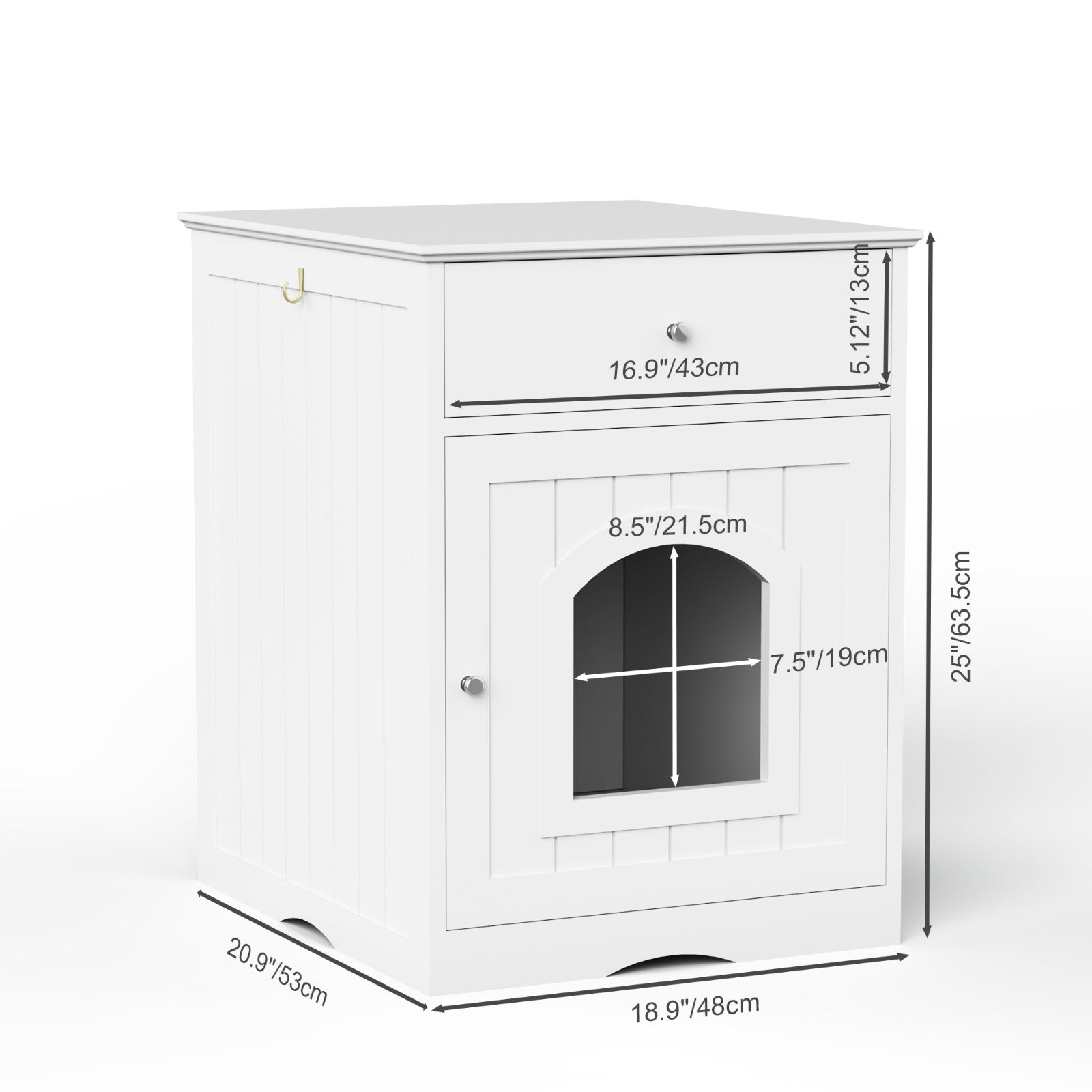 HKM-115219 Wooden Cat Litter Box Enclosure with Drawer, Indoor Pet Crate and Side Table - White