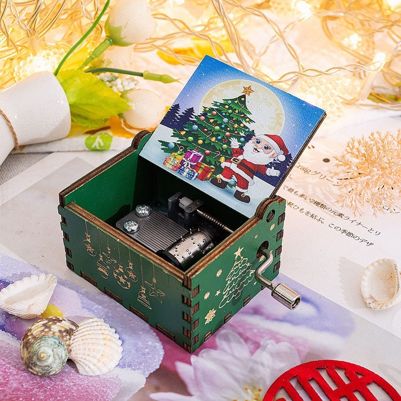 HKM-115347 Hand-Cranked Wooden Music Box with Christmas Melodies, Plywood Design