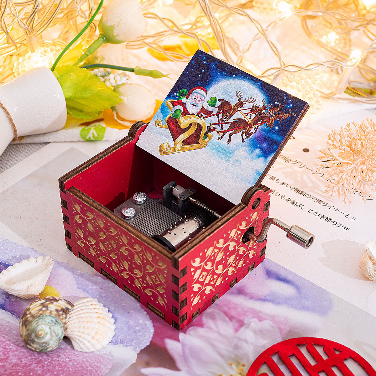 HKM-115347 Hand-Cranked Wooden Music Box with Christmas Melodies, Plywood Design
