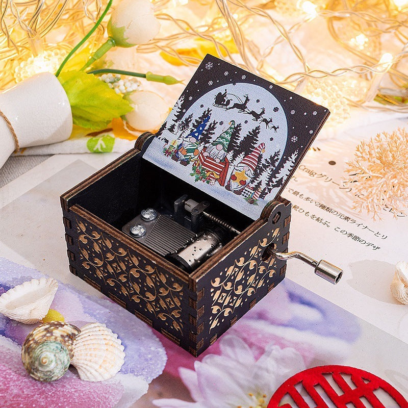 HKM-115347 Hand-Cranked Wooden Music Box with Christmas Melodies, Plywood Design