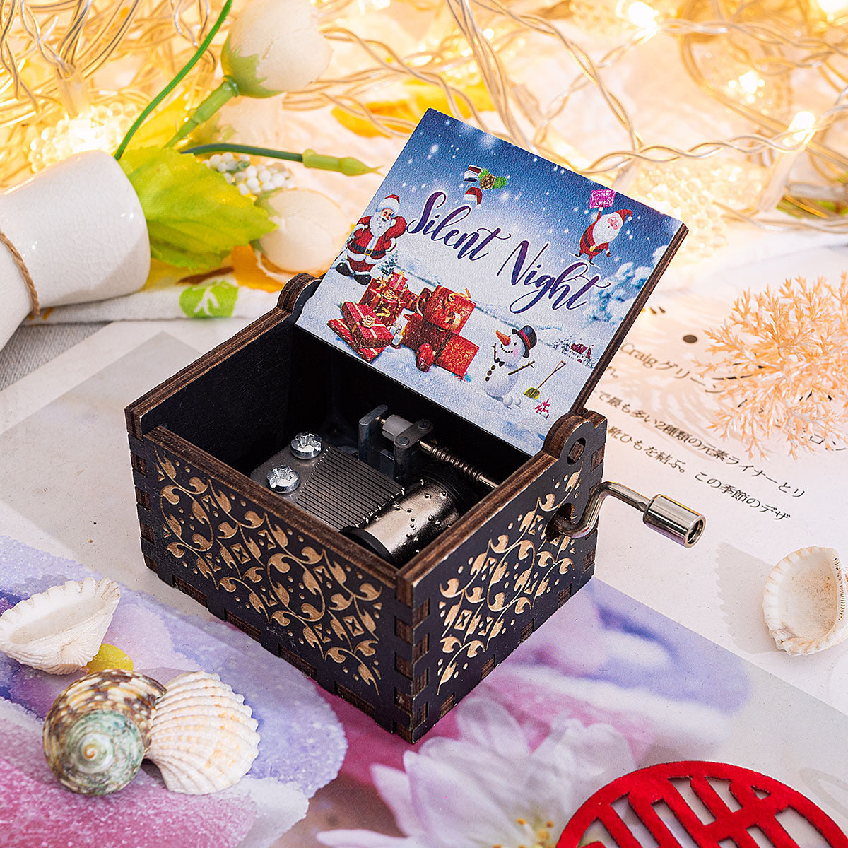 HKM-115347 Hand-Cranked Wooden Music Box with Christmas Melodies, Plywood Design