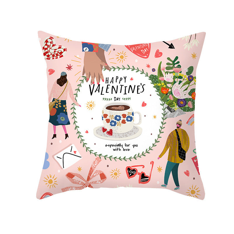 HKM-115603 Valentine's Day Cartoon Peach Skin Printed Cushion Cover for Living Room and Bedroom 45x45cm