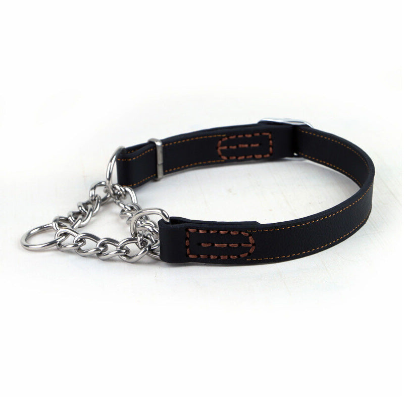 HKM-115923 Cowhide Leather Dog Bandana Collar for Small Dogs and Puppies – 40cm x 1.5cm, Available in Black and Brown