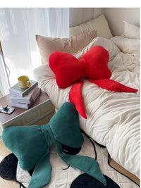 HKM-116179 Red Bow Decorative Pillow with Dark Green Accent - Modern 70x40cm Cushion