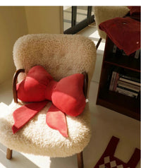 HKM-116179 Red Bow Decorative Pillow with Dark Green Accent - Modern 70x40cm Cushion
