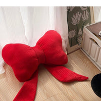 HKM-116179 Red Bow Decorative Pillow with Dark Green Accent - Modern 70x40cm Cushion