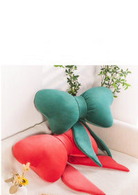 HKM-116179 Red Bow Decorative Pillow with Dark Green Accent - Modern 70x40cm Cushion