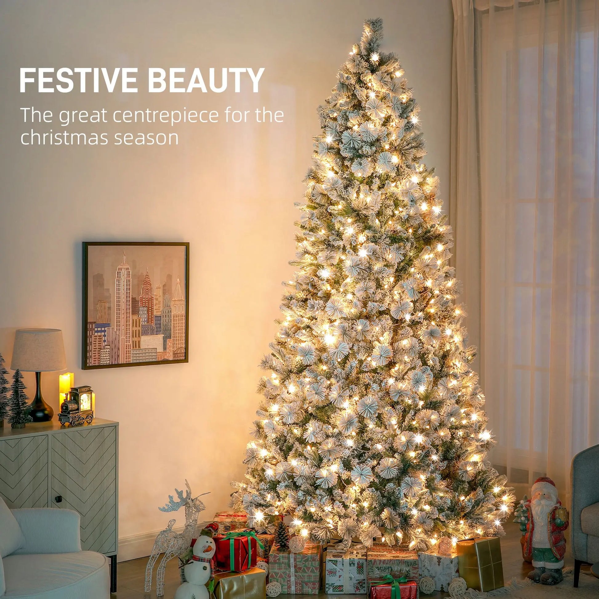 KTX-116819 9 ft Prelit Christmas Tree with 750 Clear Lights & 2387 Tips, Metal Stand for Holiday Decoration