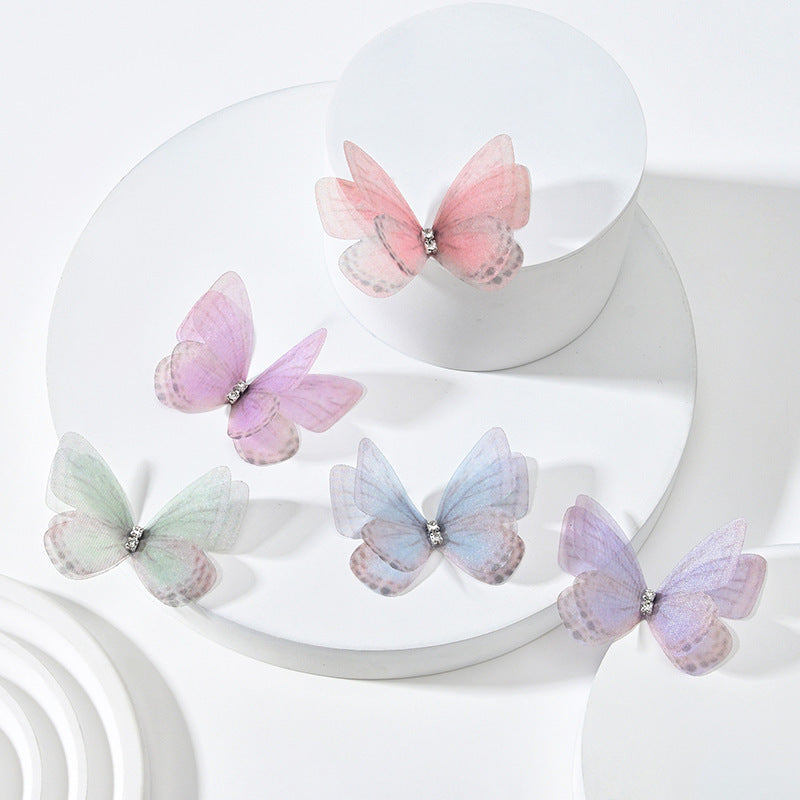 HKM-117139 Double Layer Mesh Laminate Floral Print Double Diamond Butterfly Jewelry Headdress