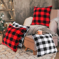 HKM-117587 Plaid Christmas Decorative Pillowcase - Red/Black or White/Black, Soft Cotton Blend, 18x18 Inch