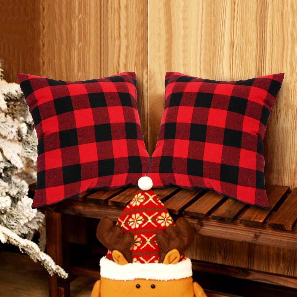 HKM-117587 Plaid Christmas Decorative Pillowcase - Red/Black or White/Black, Soft Cotton Blend, 18x18 Inch