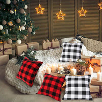HKM-117587 Plaid Christmas Decorative Pillowcase - Red/Black or White/Black, Soft Cotton Blend, 18x18 Inch