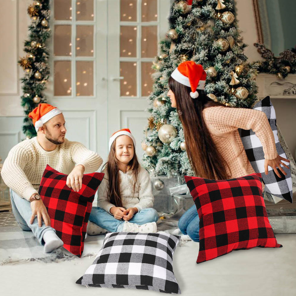 HKM-117587 Plaid Christmas Decorative Pillowcase - Red/Black or White/Black, Soft Cotton Blend, 18x18 Inch