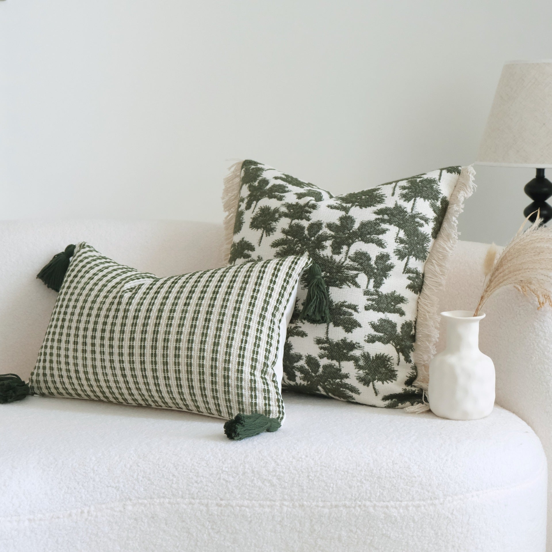 HKM-117651 Green Cotton and Linen Tassel Pillow with Stripes and Floral Pattern, Various Sizes Available