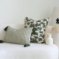HKM-117651 Green Cotton and Linen Tassel Pillow with Stripes and Floral Pattern, Various Sizes Available