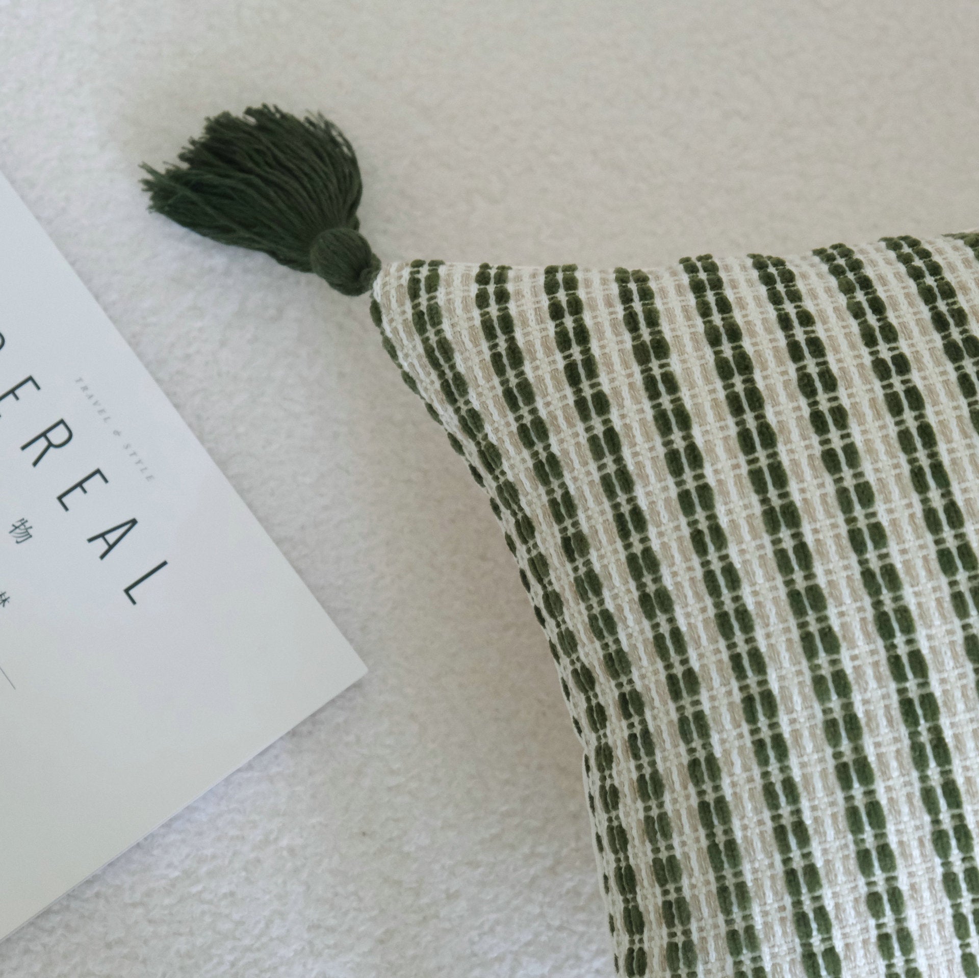 HKM-117651 Green Cotton and Linen Tassel Pillow with Stripes and Floral Pattern, Various Sizes Available