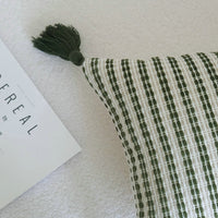 HKM-117651 Green Cotton and Linen Tassel Pillow with Stripes and Floral Pattern, Various Sizes Available