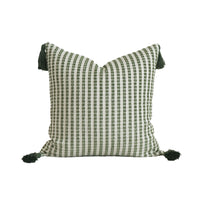 HKM-117651 Green Cotton and Linen Tassel Pillow with Stripes and Floral Pattern, Various Sizes Available
