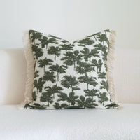 HKM-117651 Green Cotton and Linen Tassel Pillow with Stripes and Floral Pattern, Various Sizes Available