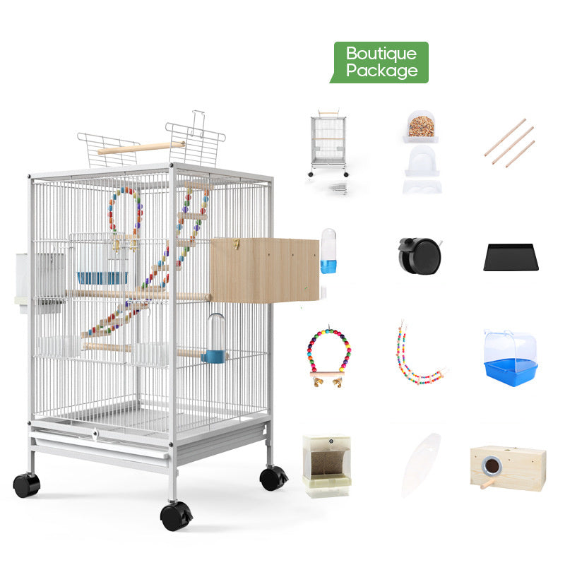 HKM-118611 Large Metal Bird Cage with Feeder, Grass Nest & Breeding Box, 45.6x45.6x86 cm, Black or White