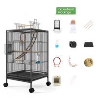 HKM-118611 Large Metal Bird Cage with Feeder, Grass Nest & Breeding Box, 45.6x45.6x86 cm, Black or White