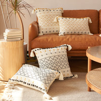 HKM-118739 Geometric Tassel Plush Pillow Case – Cotton and PP Cotton Cushion Cover in Yellow and Black Grid Patterns