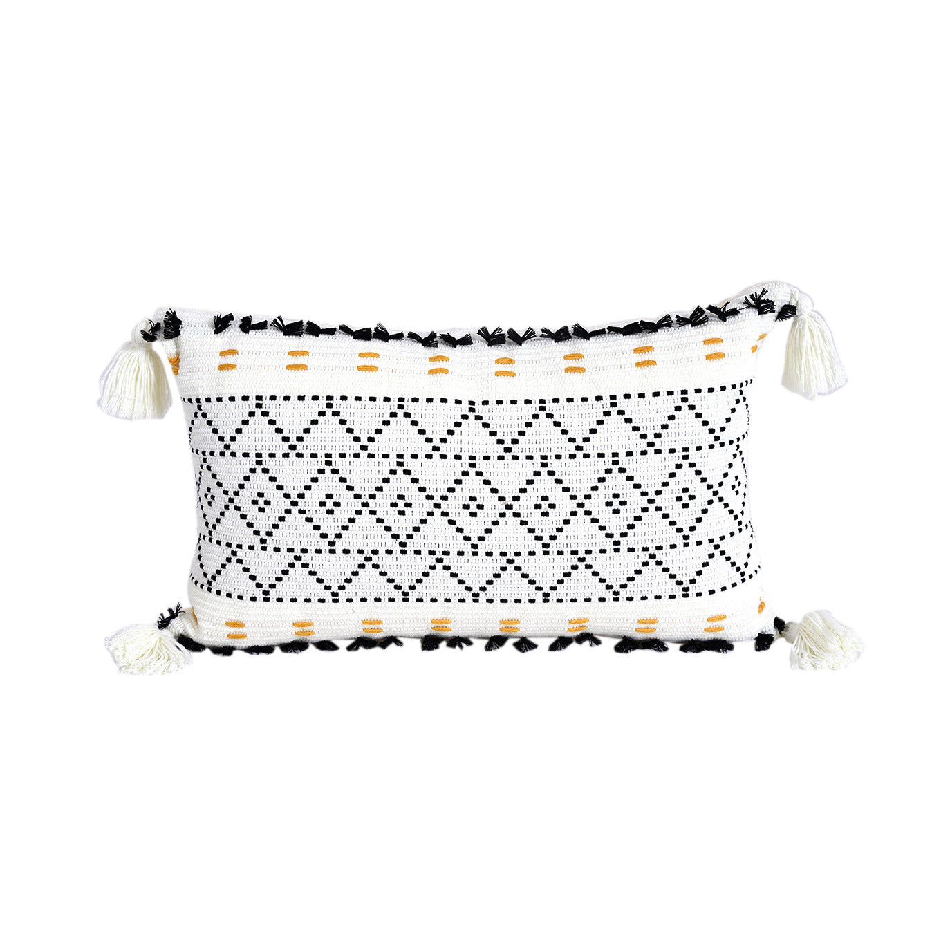 HKM-118739 Geometric Tassel Plush Pillow Case – Cotton and PP Cotton Cushion Cover in Yellow and Black Grid Patterns