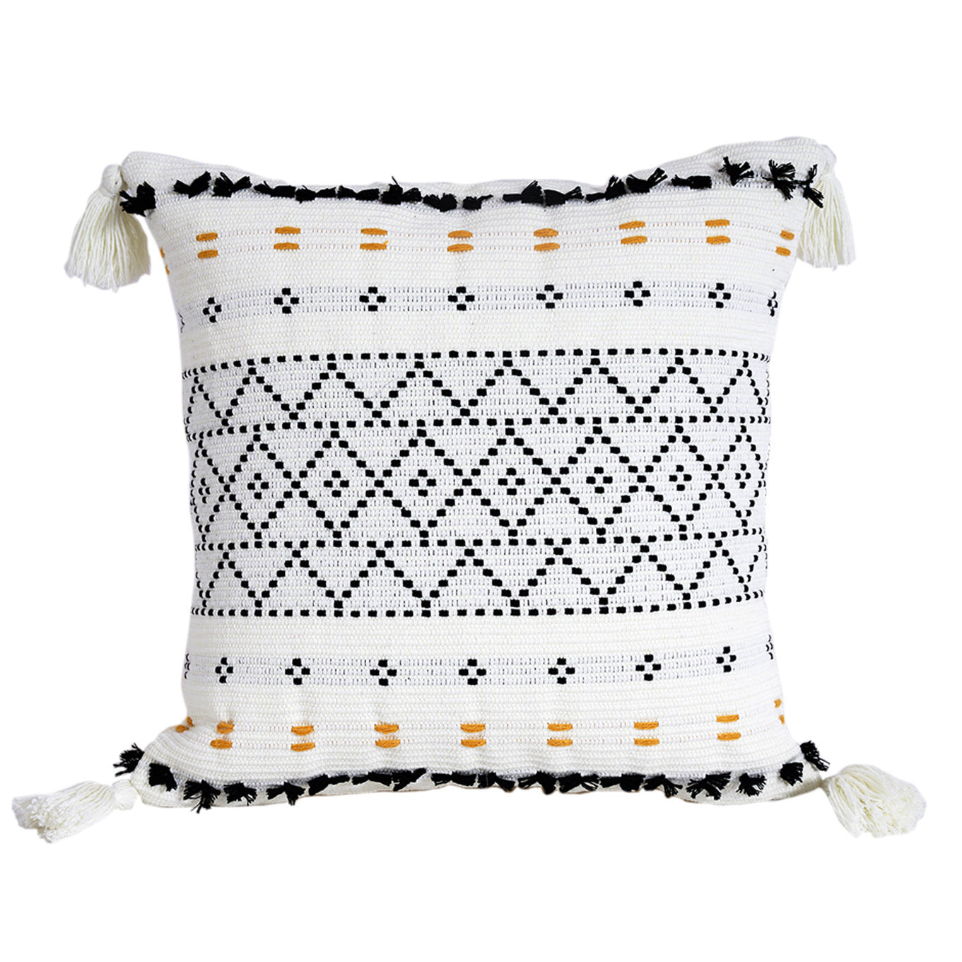 HKM-118739 Geometric Tassel Plush Pillow Case – Cotton and PP Cotton Cushion Cover in Yellow and Black Grid Patterns