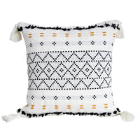 HKM-118739 Geometric Tassel Plush Pillow Case – Cotton and PP Cotton Cushion Cover in Yellow and Black Grid Patterns