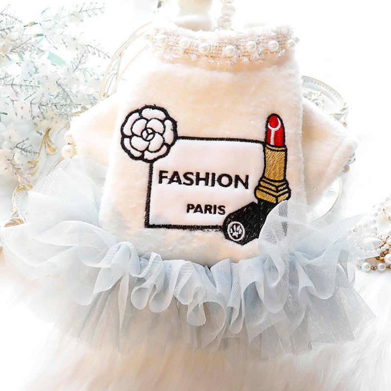 HKM-119123 Fashionable Beige Winter Cat Princess Dress in Wool for Pets, Available in Sizes XS-XL