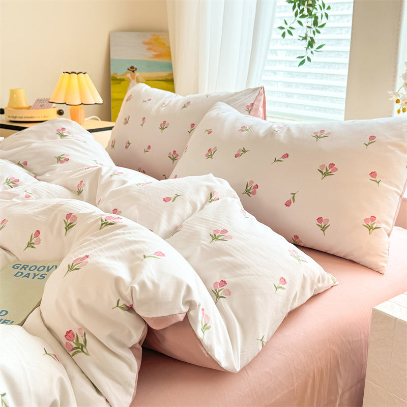 KTX-119315 Super Soft Glutinous Clouds Cotton Four-Piece Bedding Set with Floral Design