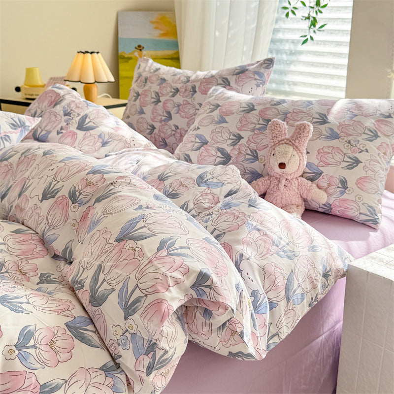 KTX-119315 Super Soft Glutinous Clouds Cotton Four-Piece Bedding Set with Floral Design