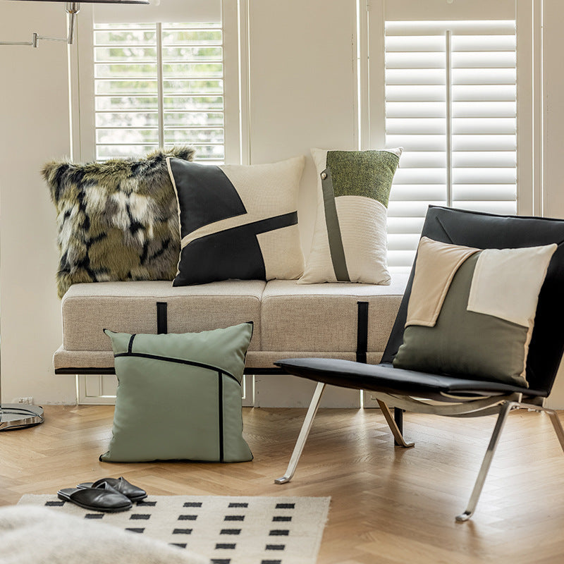 HKM-119827 Geometric Pattern PU Leather Pillow Cover - Modern Minimalist Design 45x45cm & 30x50cm