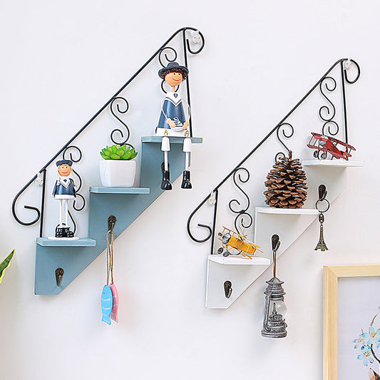 HKM-120595 Trapezoidal Three-Tiered Wooden and Wrought Iron Wall Flower Stand for Living Room