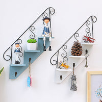 HKM-120595 Trapezoidal Three-Tiered Wooden and Wrought Iron Wall Flower Stand for Living Room