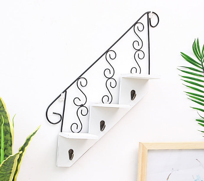 HKM-120595 Trapezoidal Three-Tiered Wooden and Wrought Iron Wall Flower Stand for Living Room