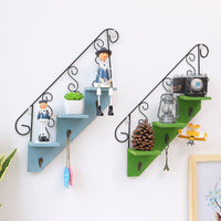 HKM-120595 Trapezoidal Three-Tiered Wooden and Wrought Iron Wall Flower Stand for Living Room