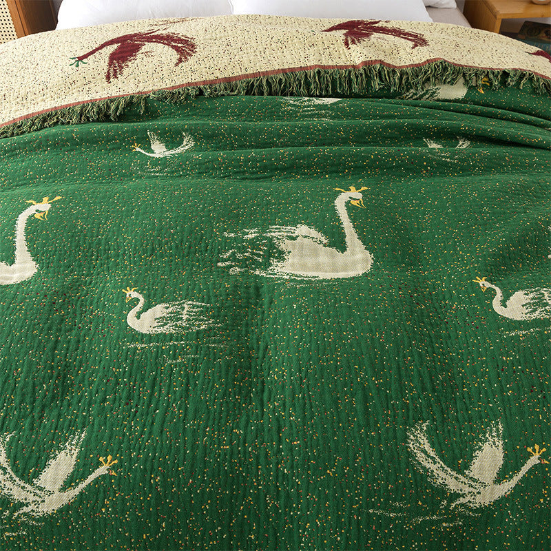 HKM-120659 Cotton Gauze Nap Blanket with Green Swan Tassels, 200x230cm