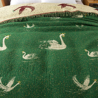 HKM-120659 Cotton Gauze Nap Blanket with Green Swan Tassels, 200x230cm
