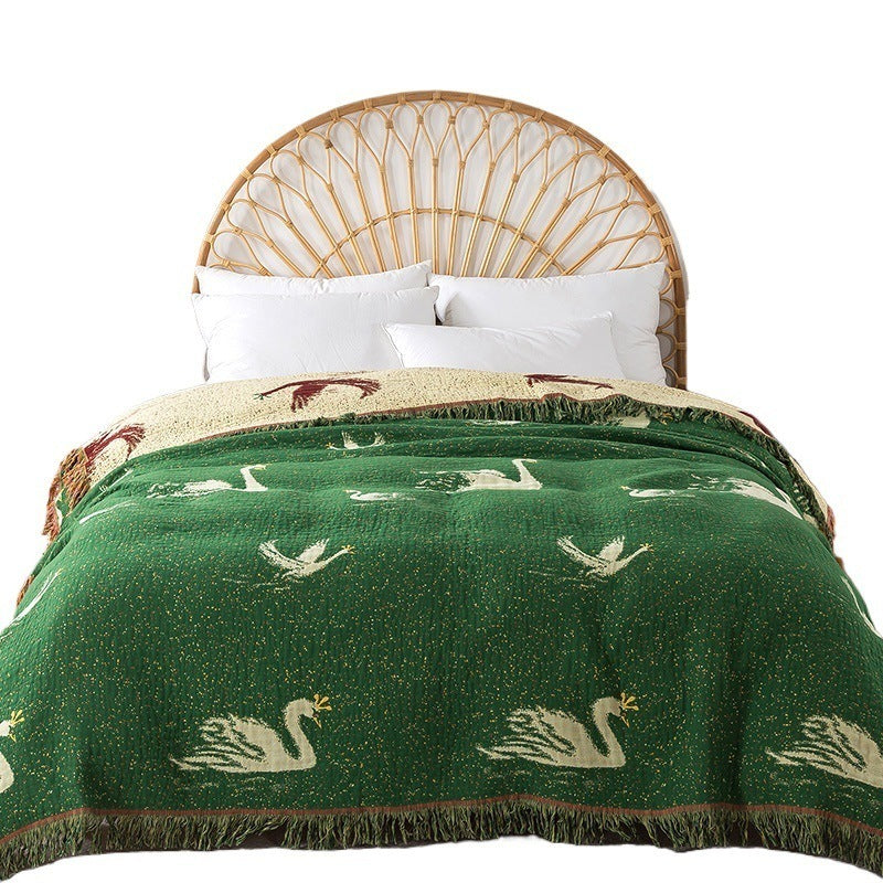 HKM-120659 Cotton Gauze Nap Blanket with Green Swan Tassels, 200x230cm
