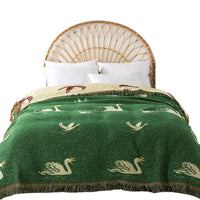 HKM-120659 Cotton Gauze Nap Blanket with Green Swan Tassels, 200x230cm
