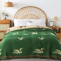 HKM-120659 Cotton Gauze Nap Blanket with Green Swan Tassels, 200x230cm