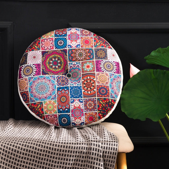 HKM-121043 Bohemian Floral Floor Cushion - 50cm Linen Blend Seat and Back Mat