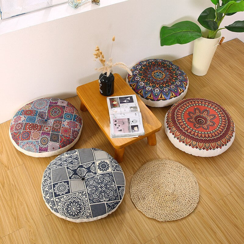 HKM-121043 Bohemian Floral Floor Cushion - 50cm Linen Blend Seat and Back Mat