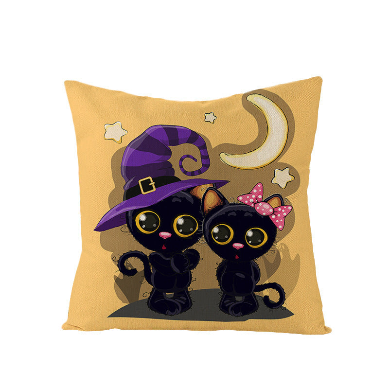 HKM-121107 Halloween Cartoon Printed Kitten Pumpkin Head Pillow Cover - 45x45 Linen Decorative Cushion