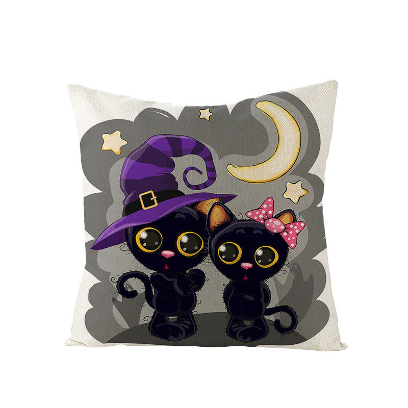 HKM-121107 Halloween Cartoon Printed Kitten Pumpkin Head Pillow Cover - 45x45 Linen Decorative Cushion