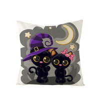 HKM-121107 Halloween Cartoon Printed Kitten Pumpkin Head Pillow Cover - 45x45 Linen Decorative Cushion