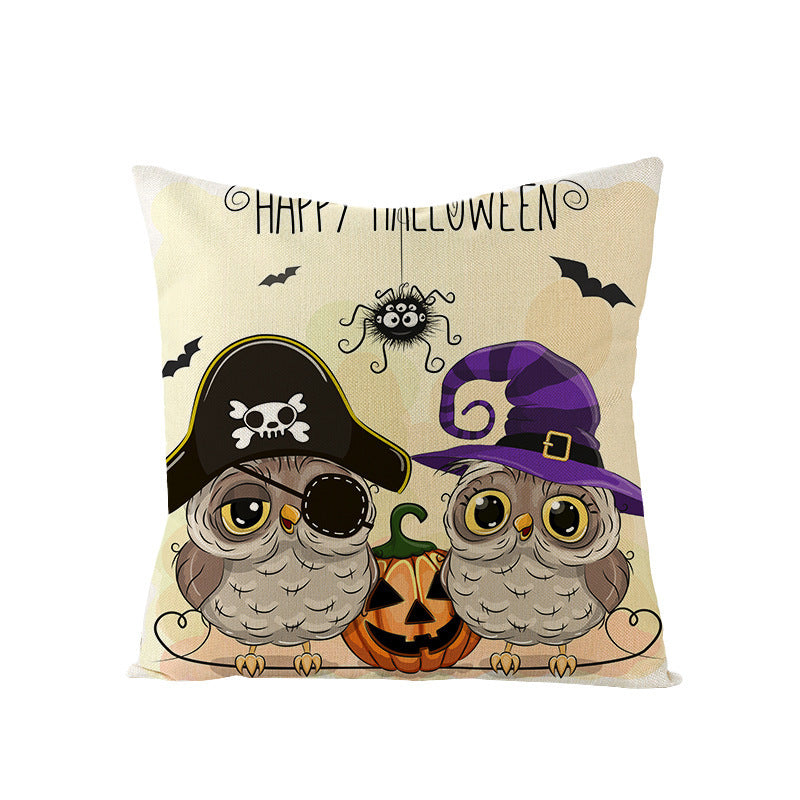 HKM-121107 Halloween Cartoon Printed Kitten Pumpkin Head Pillow Cover - 45x45 Linen Decorative Cushion